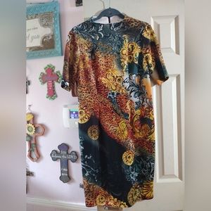 June By June Ambrose Sheath Funnel neck Gold Filigree Printed Dress Size Medium